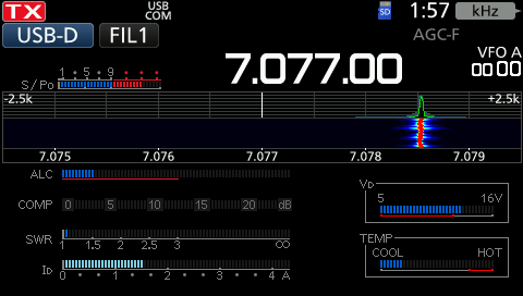 Screenshot from my IC-705 during JS8Call transmission. Shown are the power output, transmitted signal, input drive level, SWR, rig temperature, and more.